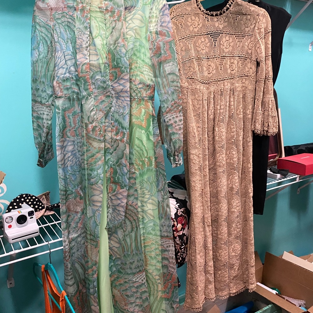 VTG 70s Sheer Maxi coat/dress deco feather print